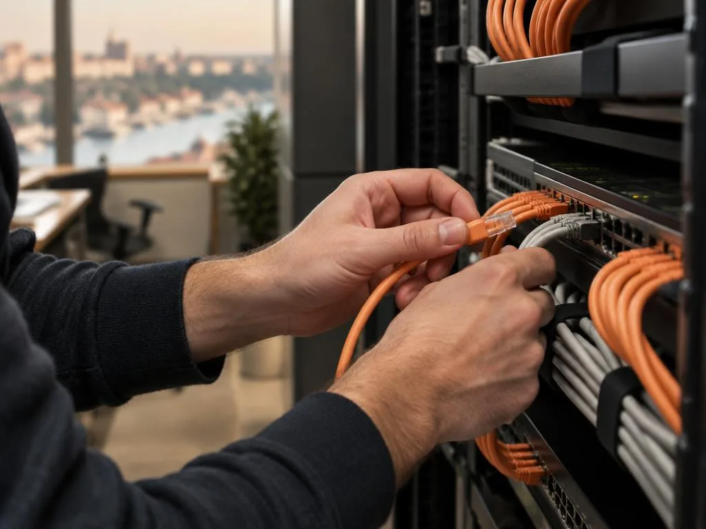 Técnico a ligar cablagem de rede numa infraestrutura informática
